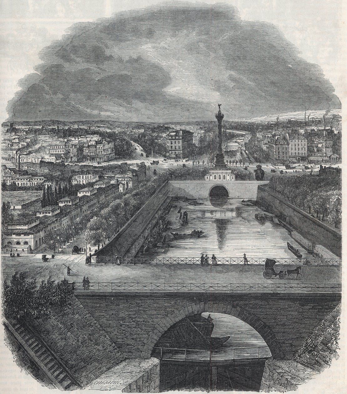 Vista aérea do Canal Saint-Martin (Saint Martin), do Lugar e do bairro da Bastilha, da margem direita do Sena - Gravura em "Tableau-de-Paris" de Edmond Texier 1852 de French School