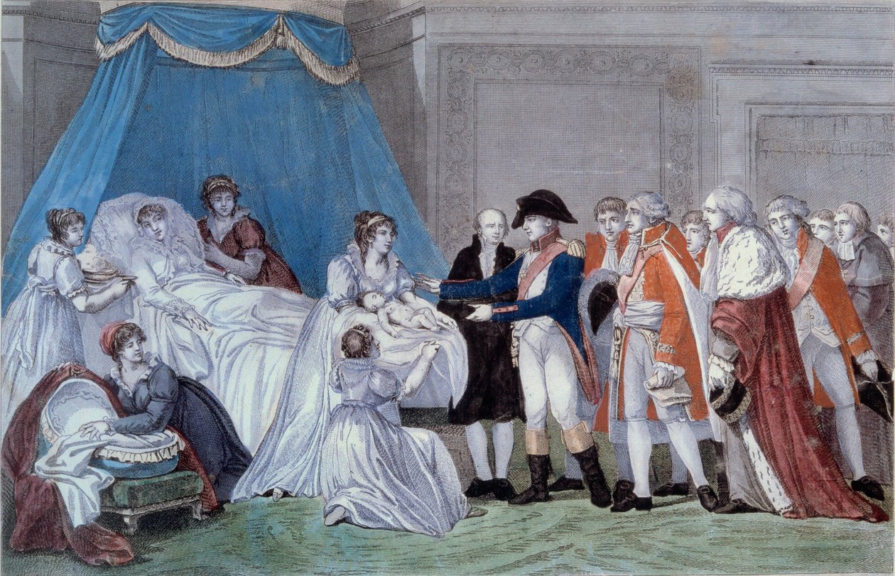 Nascimento do Rei de Roma Napoleão II (François Charles Joseph Napoleão Bonaparte) (1811-1832): cerimónia da certidão de nascimento do filho do imperador Napoleão I (1769-1821), no Palais des Tuileries, a 20/03/1811. Gravura do século XIX. Ile d