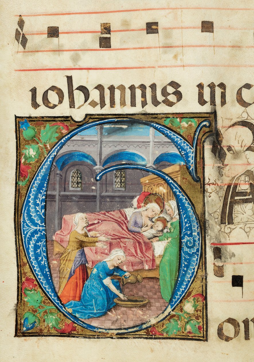 Nascimento da Virgem, Gradual, f.76 (tinta, têmpera e folha de ouro em pergaminho) de French School