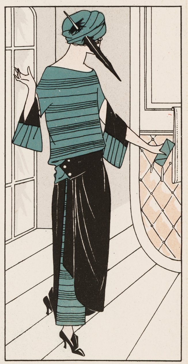 Vestido de crepe de chine preto e turquesa dos anos 20 (litografia a cores) de French School