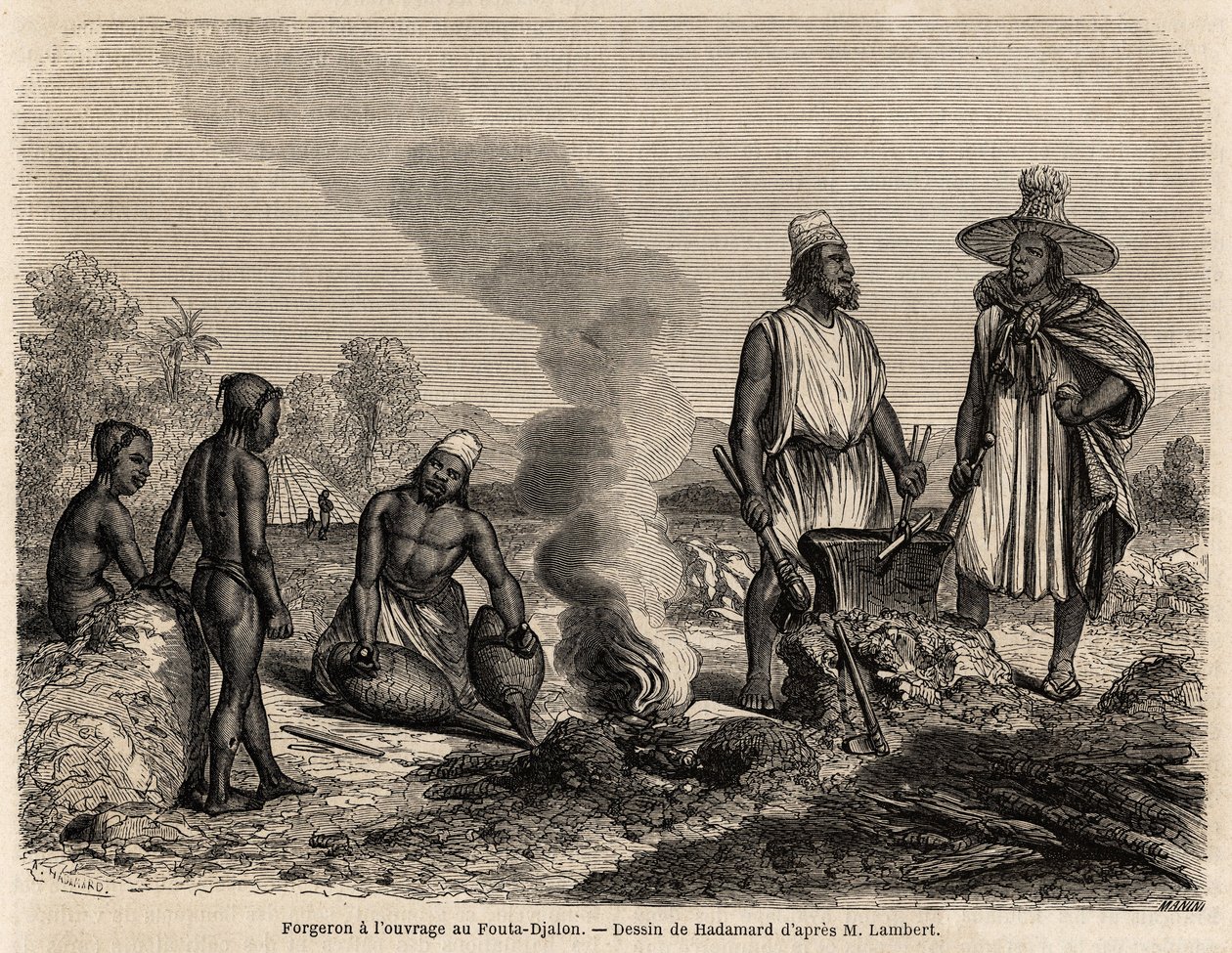 O ferreiro tem o trabalho no Fouta Djalon (Senegal), desenho de Hadamard, para ilustrar a viagem do Tenente Lambert ao Fouta Djalon em 1860. Gravura em "Le tour du monde" 1861. A coleção de Selva. de French School