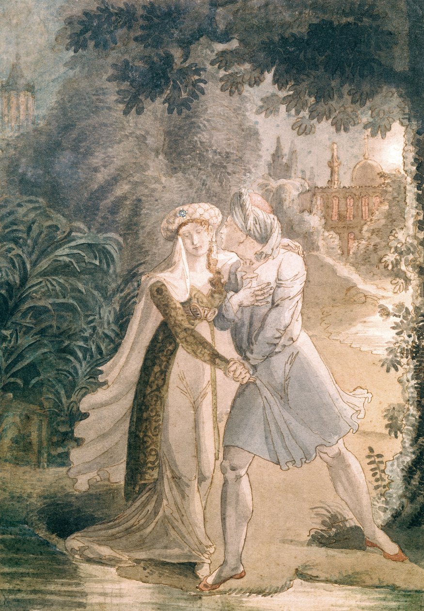 Blanca e Abon Hamet nos Jardins da Alhambra, de &39;Le Dernier des Abencerages&39; por François Rene (1768-1848) Visconde de Chateaubriand (caneta e tinta sobre papel) de French School