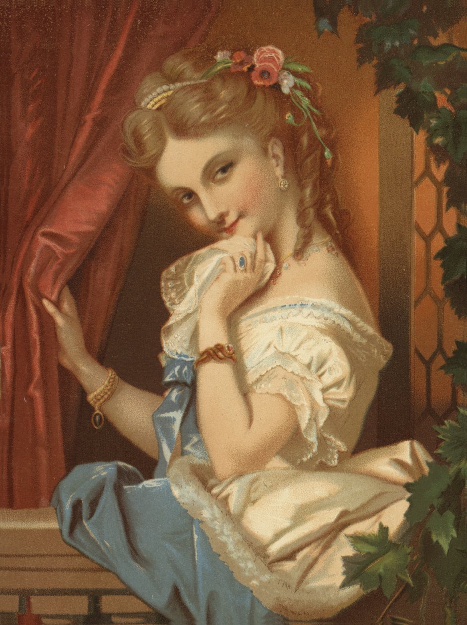 Rapariga loira, com sorriso sedutor (cromolitho) de French School