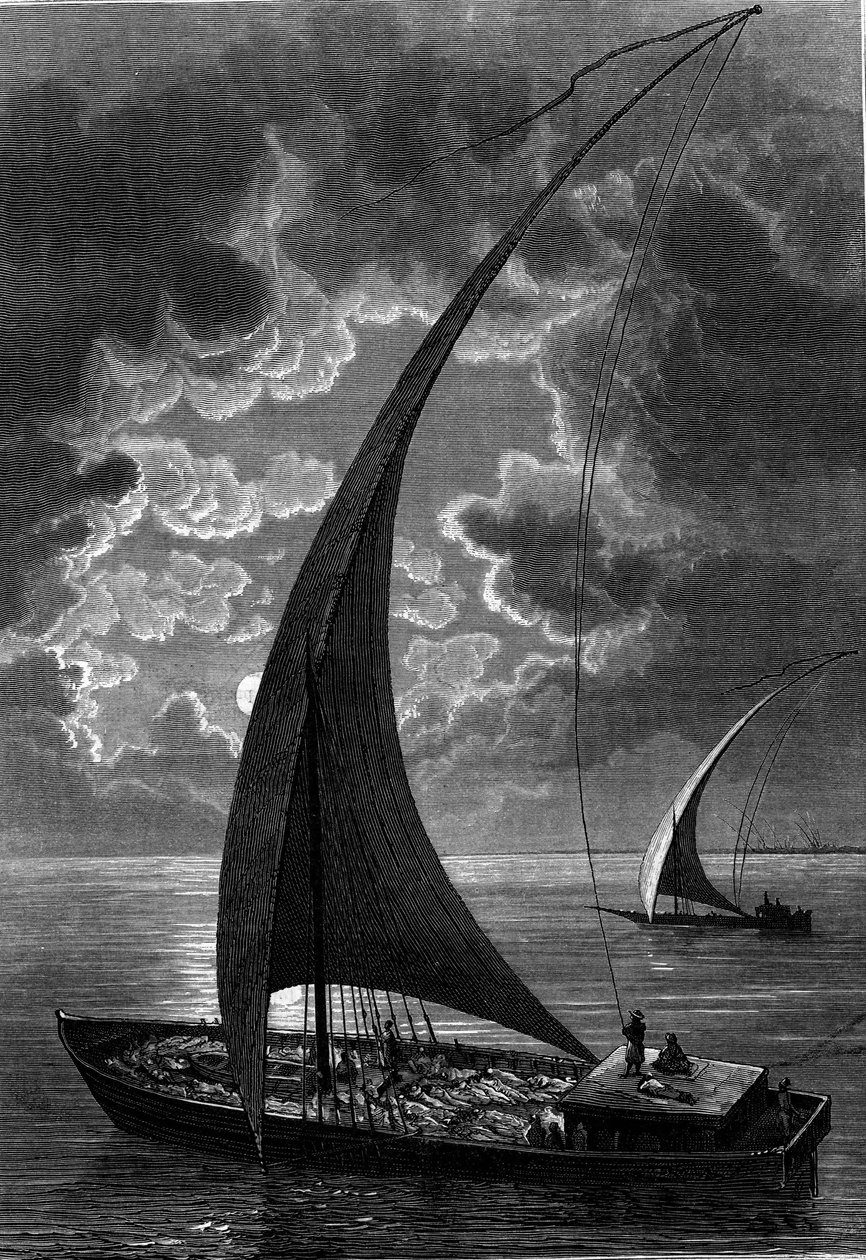Barco (felouque) no Nilo, Egipto. Gravura em "The Journal of Youth" (O Diário da Juventude) de French School