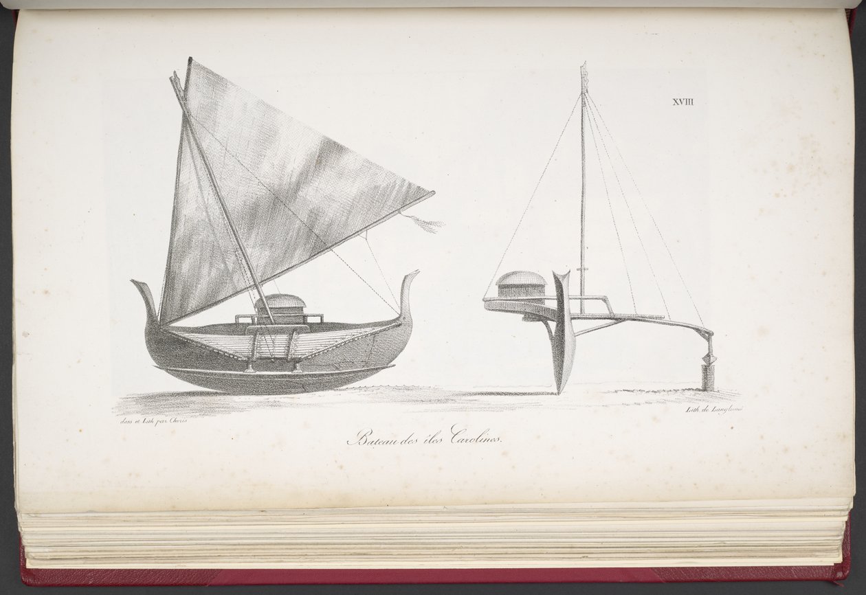 Barco das Ilhas Carolinas, de Uma Viagem Pitoresca ao Mundo, com Retratos de Selvagens da América, Ásia, África e Ilhas do Grande Oceano; paisagens, vistas para o mar e vários objetos de história natural; juntamente com de French School