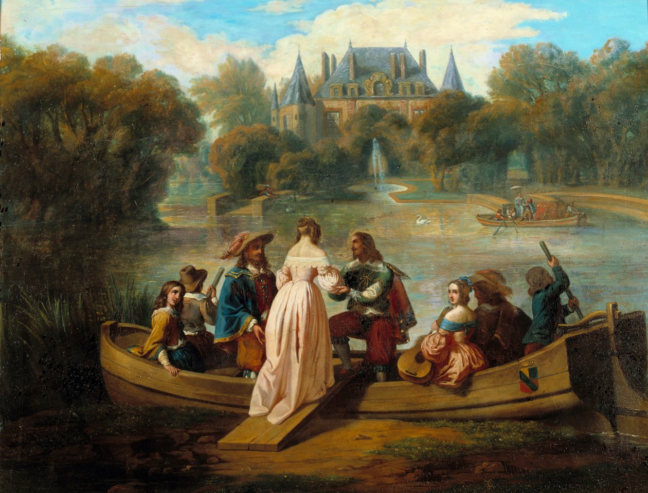 Passeio de barco no lago do castelo Pintura da Escola Francesa do século XVII. Coleção Particular de French School