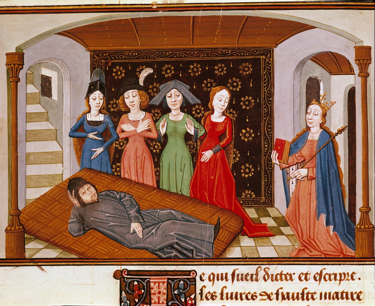 Boece (Boezio) rodeia Filosofia e Musas. Miniatura retirada de "De Consolatione Philosophiae" (Consolação da Filosofia) por Boece (ou Anicius Manlius Torquatus Severinus Boetius ou Boethius) traduzido por João de Meung (1240-1305). Rouen. Município de French School