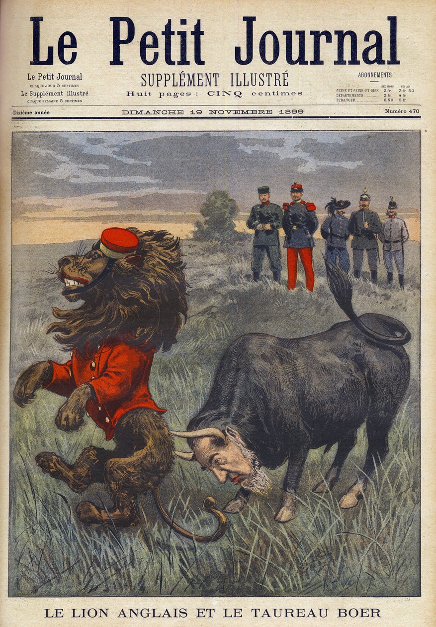 Guerra Bôer - O Leão Inglês e o Touro Bôer - O touro Afrikaner, com a cabeça de Paul Krueger, ataca o leão britânico. Desenho animado inglês de uma edição de Novembro de 1899 do 