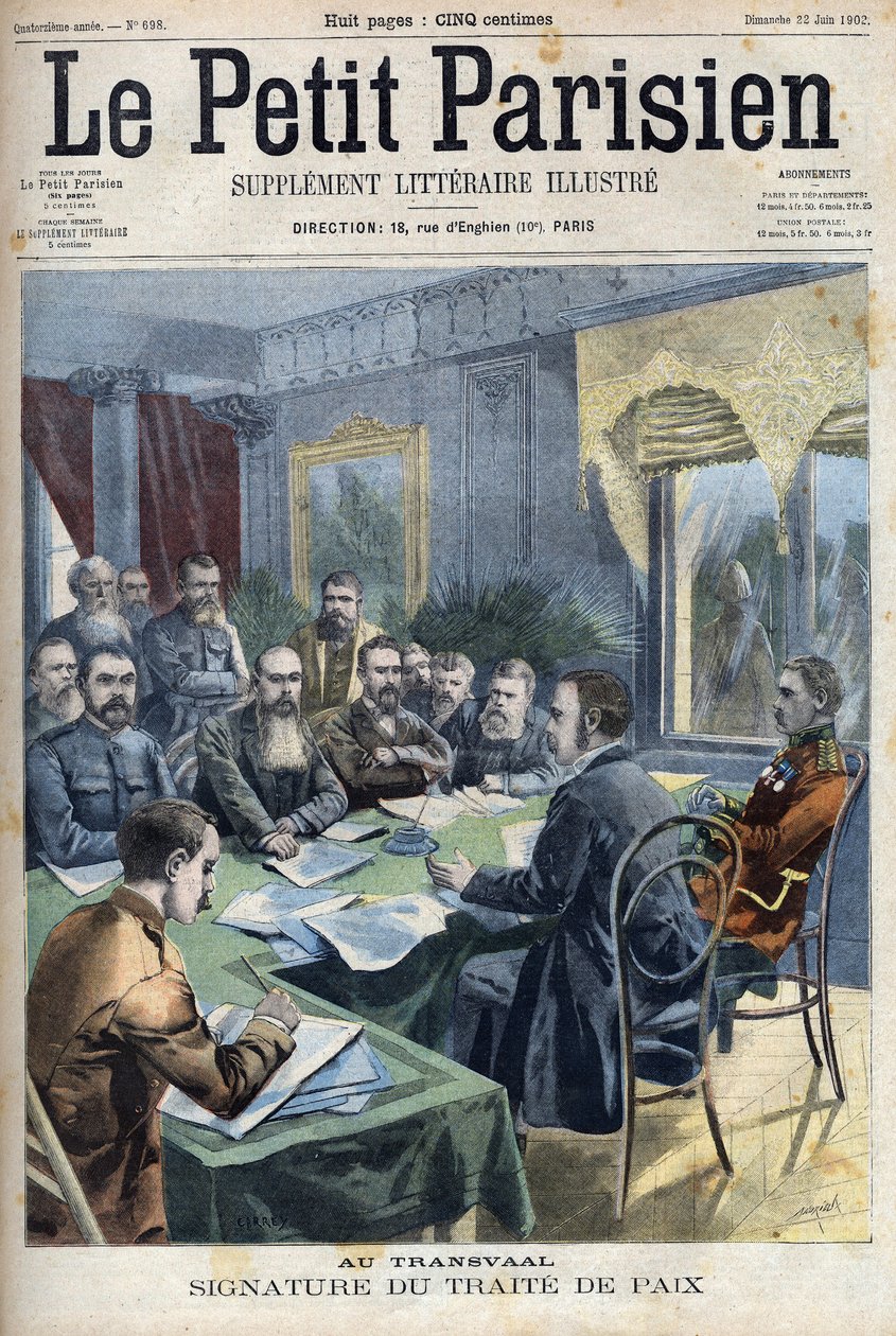 Guerra dos bôeres. A assinatura do tratado de paz Transvaal entre os chefes bôeres e o general britânico Horatio Herbert Kitchener (1850-1916) em Pretória, África do Sul. Gravação em "Le Petit Parisien". de French School