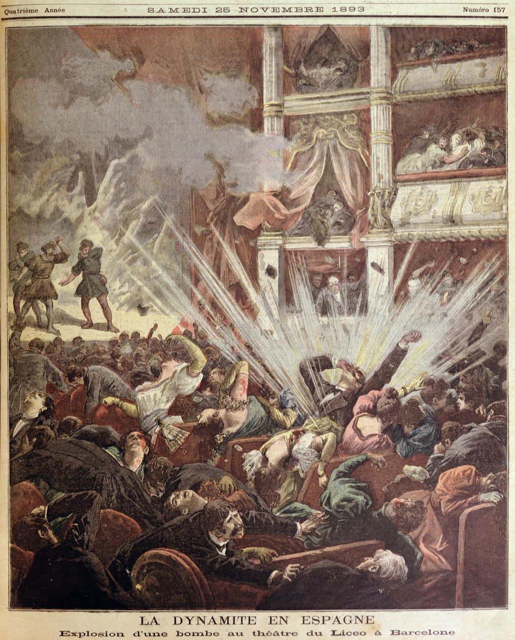 Explosão de bomba no Teatro Liceo, Barcelona, ilustração do Le Petit Journal, 25 de novembro de 1893 de French School