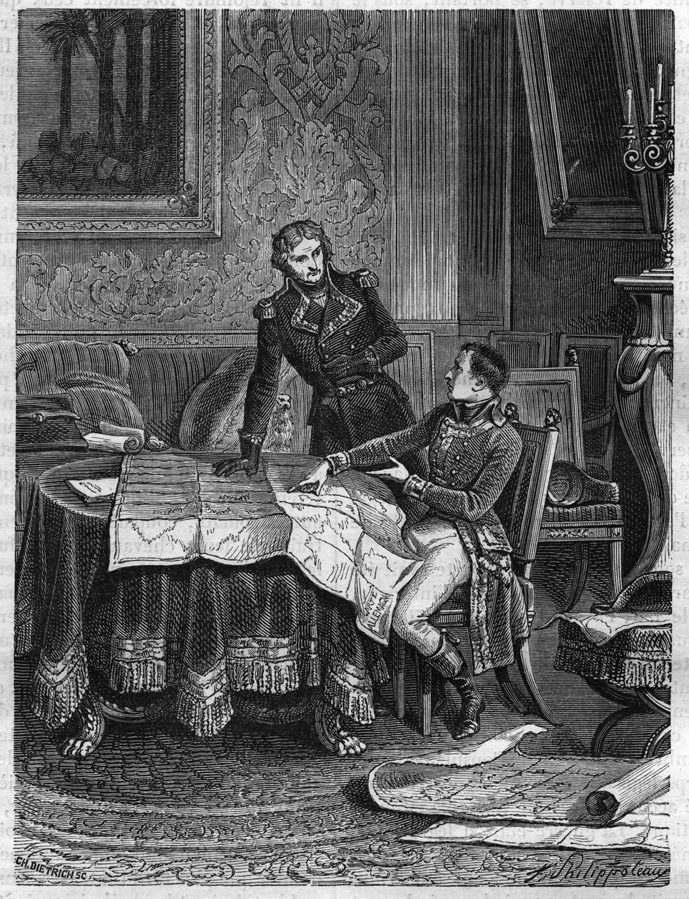 Bonaparte (1769-1821) indicando ao General Jean Joseph Dessolles (Jean-Joseph Dessoles) (1767-1828) um plano de campanha para a Armee do Reno, março de 1800 - Gravura de 1865 no "Histoire du Consulate et de l