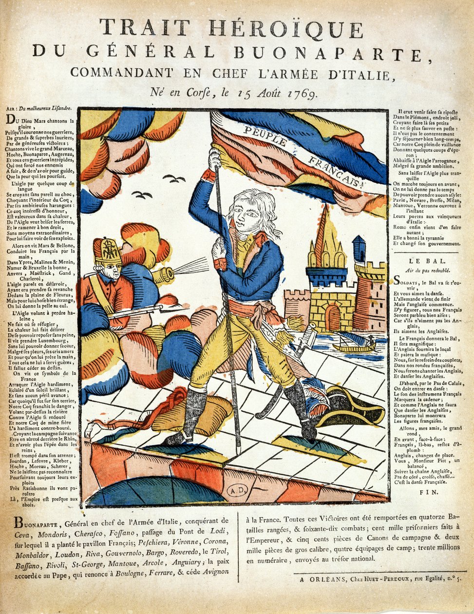 Bonaparte (1769-1821) plantando a bandeira francesa na ponte Lodi, 10 de maio de 1796 da LImagerie Populaire por PLDuchartre e R. Saulmier de French School