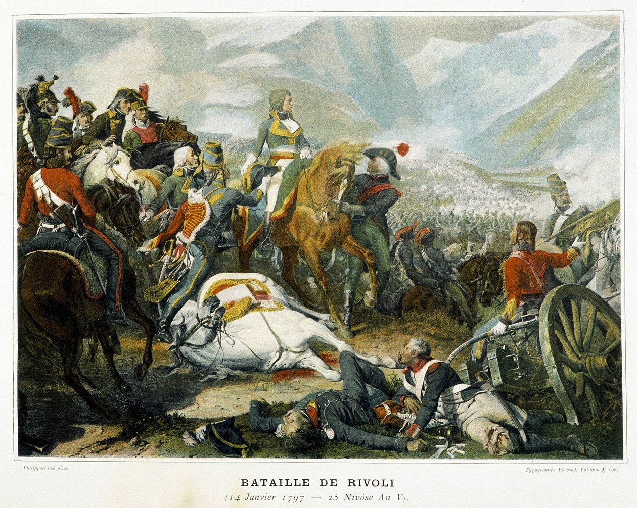Bonaparte (centro), após sua vitória sobre os austríacos na Batalha de Rivoli (Itália), em 14 de janeiro de French School
