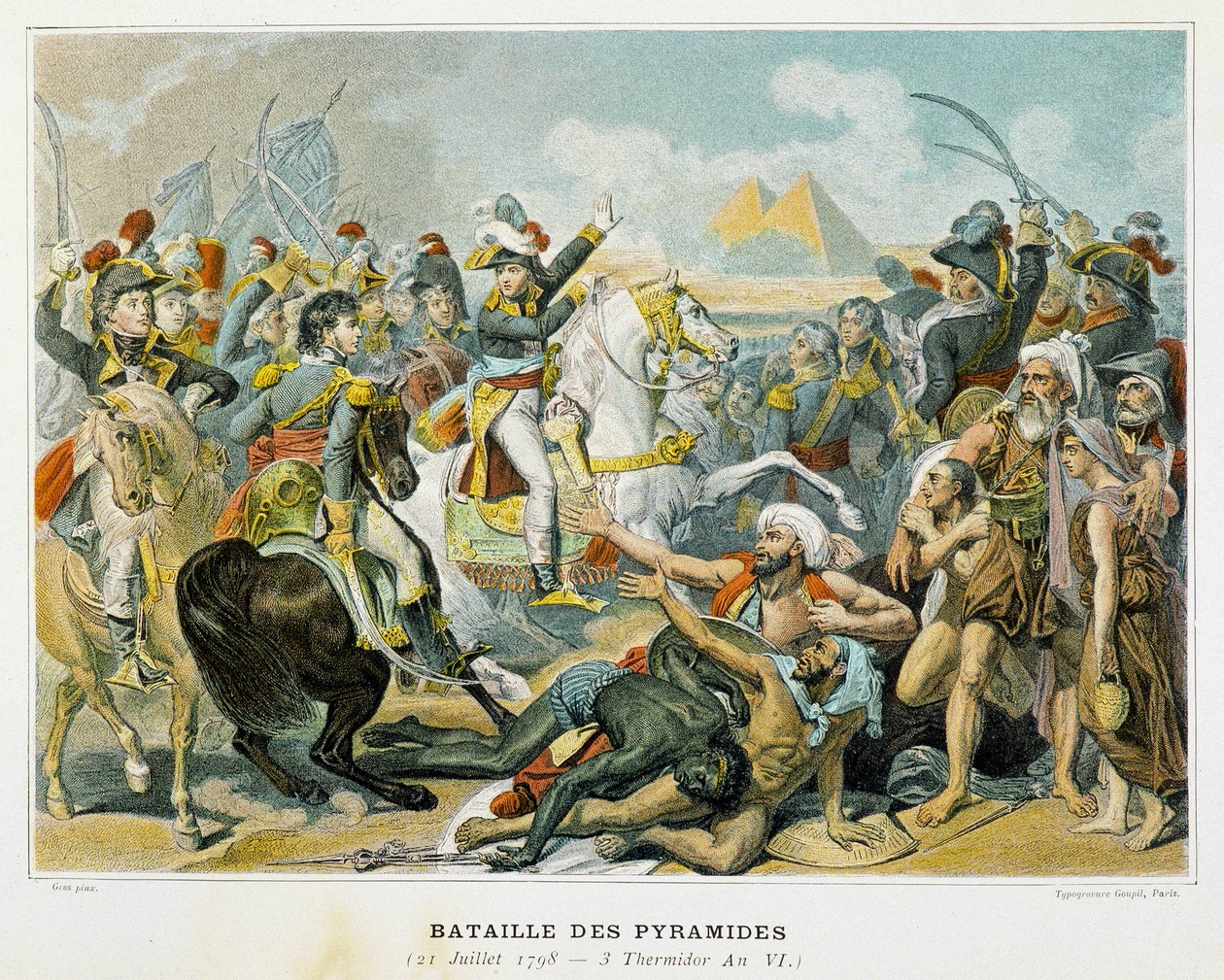 Bonaparte (centro) e suas tropas durante a Batalha das Pirâmides em 21 de julho de 1798. de French School