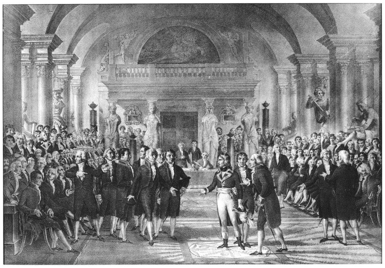 Bonaparte, Primeiro Cônsul (1769-1821) Visita aos membros da Academia de Ciências do Louvre, início do século XIX de French School