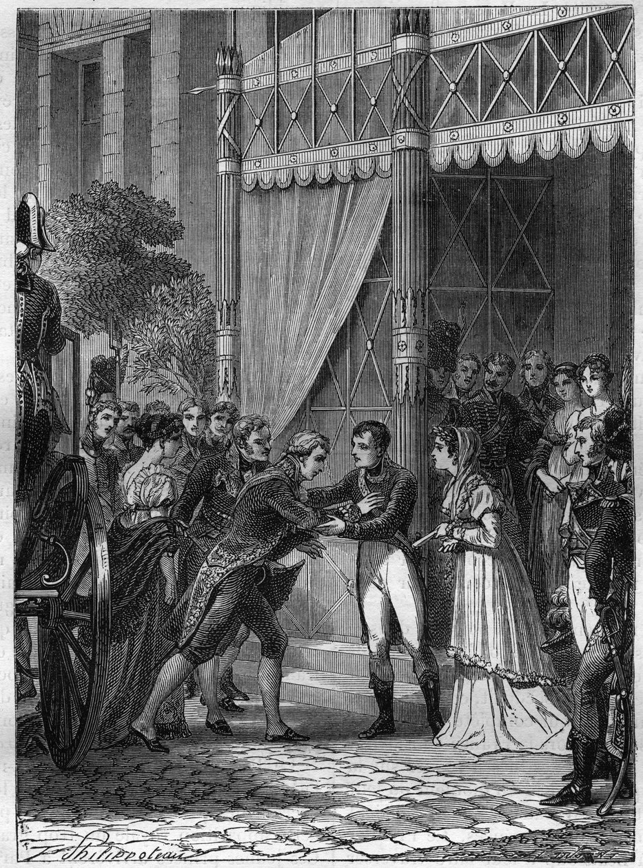Bonaparte e Josefina de Beauharnais recebem o jovem rei da Etrúria, Luís I (Luís I de Bourbon ou Ludovico I de Borbone) (1773-1803), acompanhados por sua esposa, Marie Louise (Marie Louise) de Bourbon (1782-1824), em sua casa em Malmaison, em julho de 180 de French School