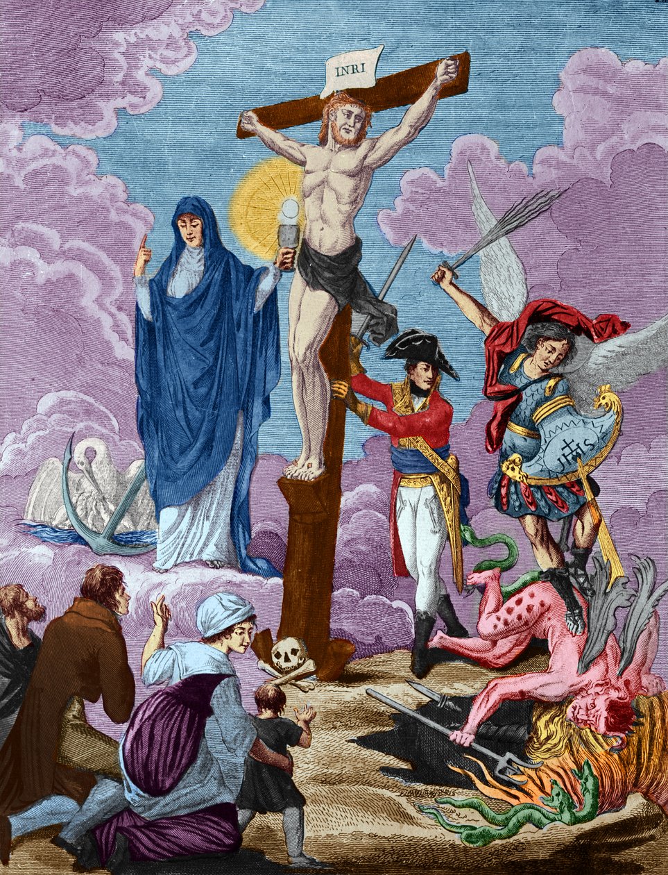 Bonaparte, restaurador da religião e apoiando a cruz, Alegoria na Concordata, 1802 de French School