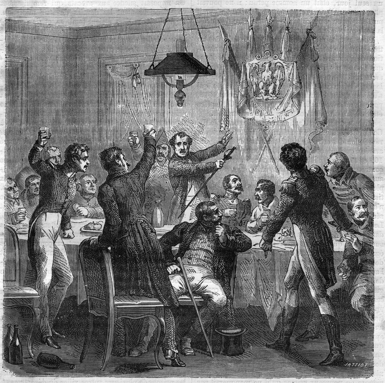 Banquete Bonapartista sob a Restauração entre a queda do Primeiro Império em 6 de Abril de 1814 e a revolução dos Três Glorieuses em 29 de Julho de 1830. Gravura no "Histoire des Papes-Rois-Queen and Empereurs a travessa les centuries" de Maurice Lachat de French School