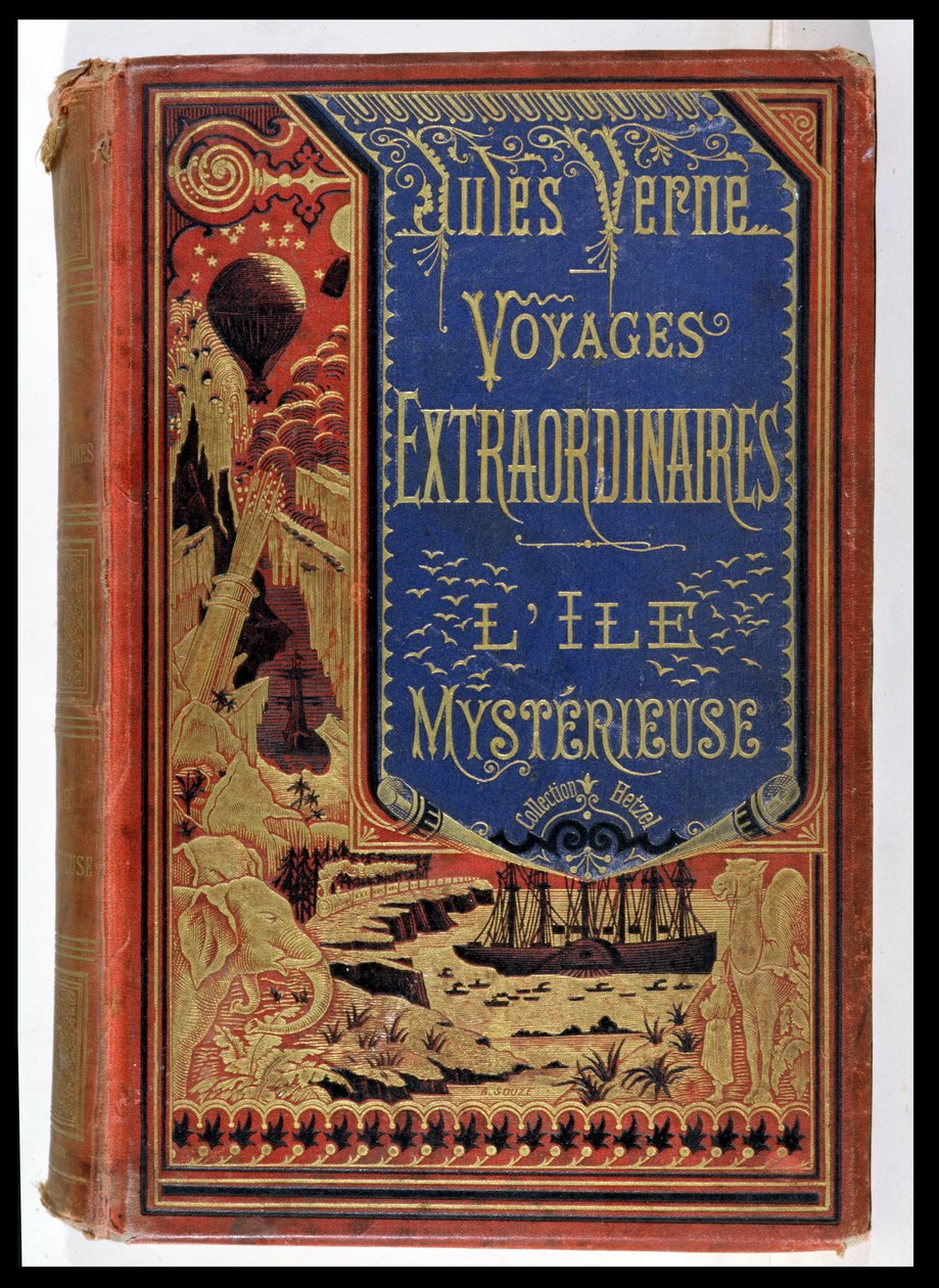 Capa do Livro da Ilha Misteriosa por Jules Verne (1828-1905), edições Hetzel 1875 de French School