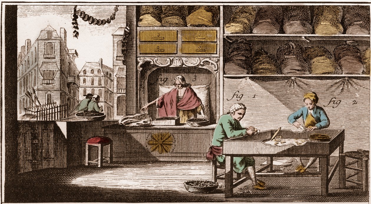 Bouchonnier, fabrico de rolhas de cortiça - "La Grande Encyclopedie, ou Dictionnaire Raisonne des Sciences, des Arts et des Metiers" (Enciclopédia ou Dicionário das Ciências, Artes e Profissões) de Denis Diderot (1713-1784) e Jean d