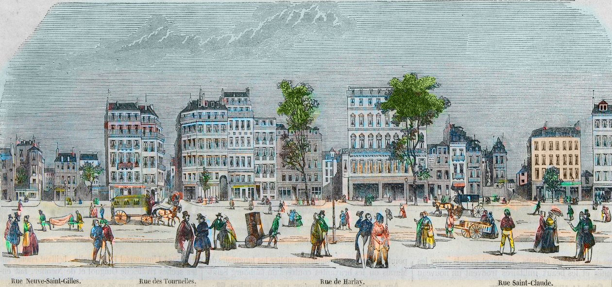 Boulevard Beaumarchais South side - rue Neuve-Saint-Gilles - Rue des Tournelles - Rue de Harlay - Rue Saint-Claude - Gravação em "Tableau-de-Paris" de Edmond Texier 1852 de French School