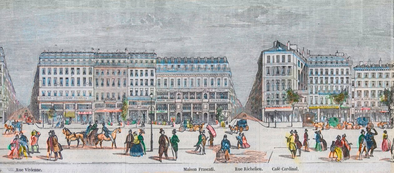 Boulevard Montmartre south side e boulevard des Italians south side - Rue Vivienne - Maison Frascati - Rue Richelieu - café Cardinal - Gravura em "Tableau-de-Paris" de Edmond Texier 1852 de French School