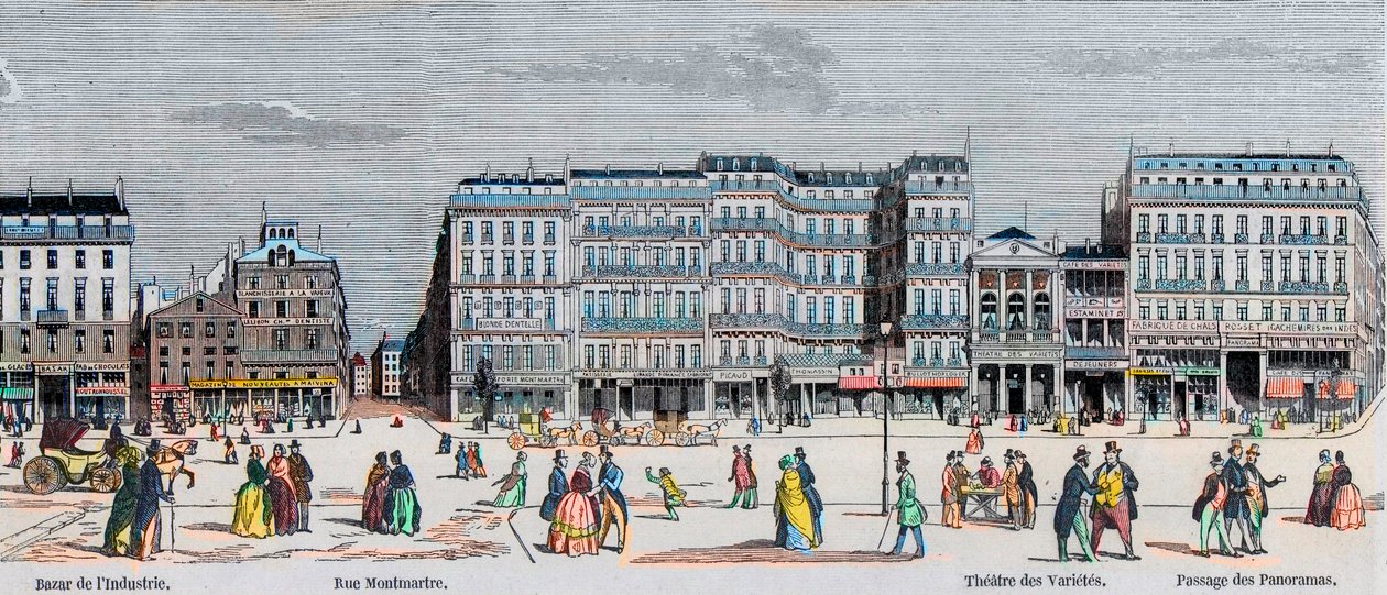 Boulevard Poissonniere e Boulevard Montmartre - bazar da indústria - Rue Montmartre - Theatre des Varietes et passage des Panoramas - Gravação em "Tableau-de-Paris" de Edmond Texier 1852 de French School