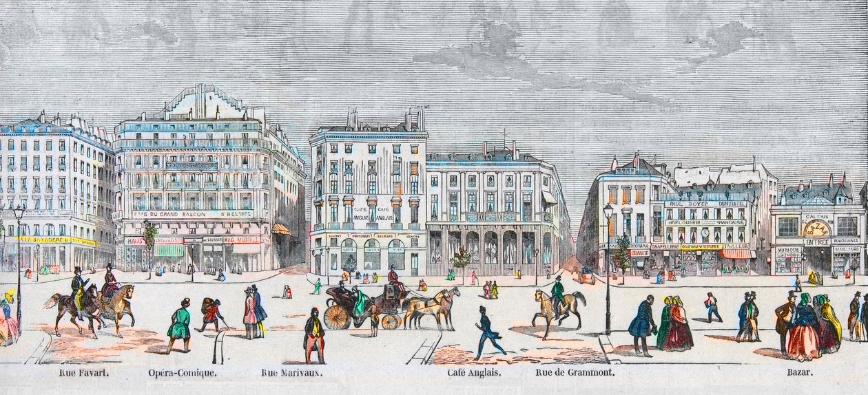 Boulevard des Italians cote sud - Rue Favart - Opera comique - Rue Marivaux - Café Anglais - Rue Grammont - Bazar - Gravura em "Tableau-de-Paris" de Edmond Texier 1852 de French School