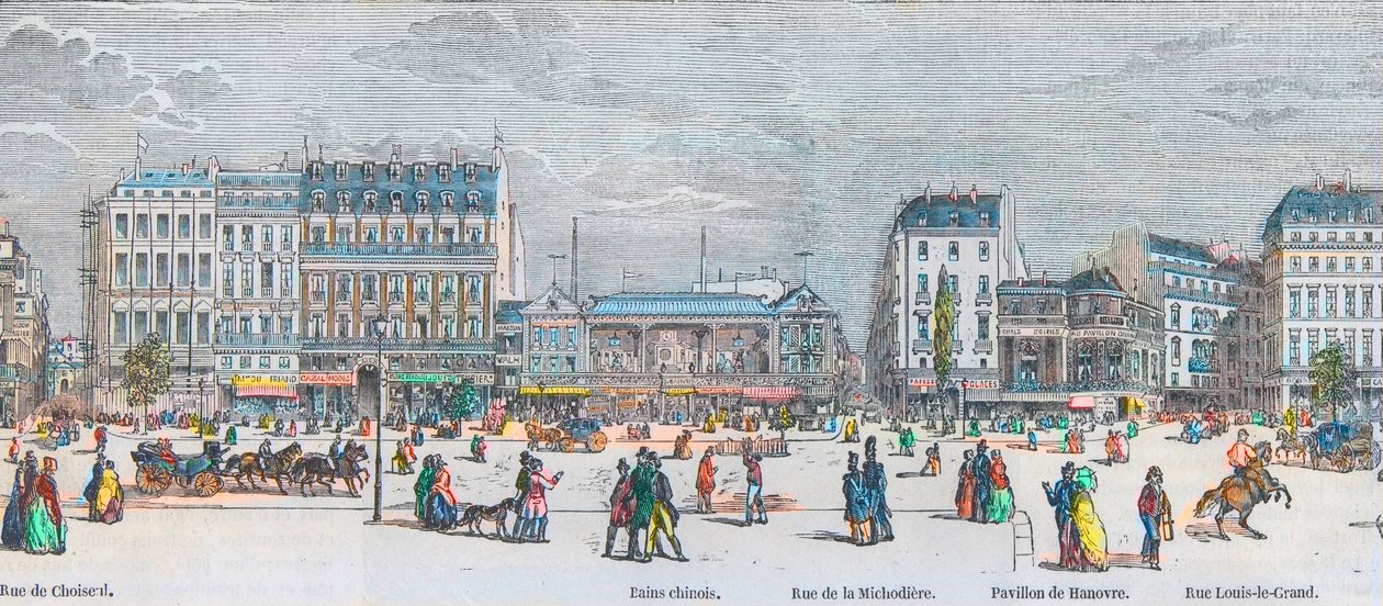 Boulevard des Italians cote sud e Boulevard des Capucines cote sud - rue de Choiseul - Bains chinois - rue de la Michodiere - Pavillon de Hanover - rue Louis-le-Grand - Gravura em "Tableau-de-Paris" de Edmond Texier 1852 de French School