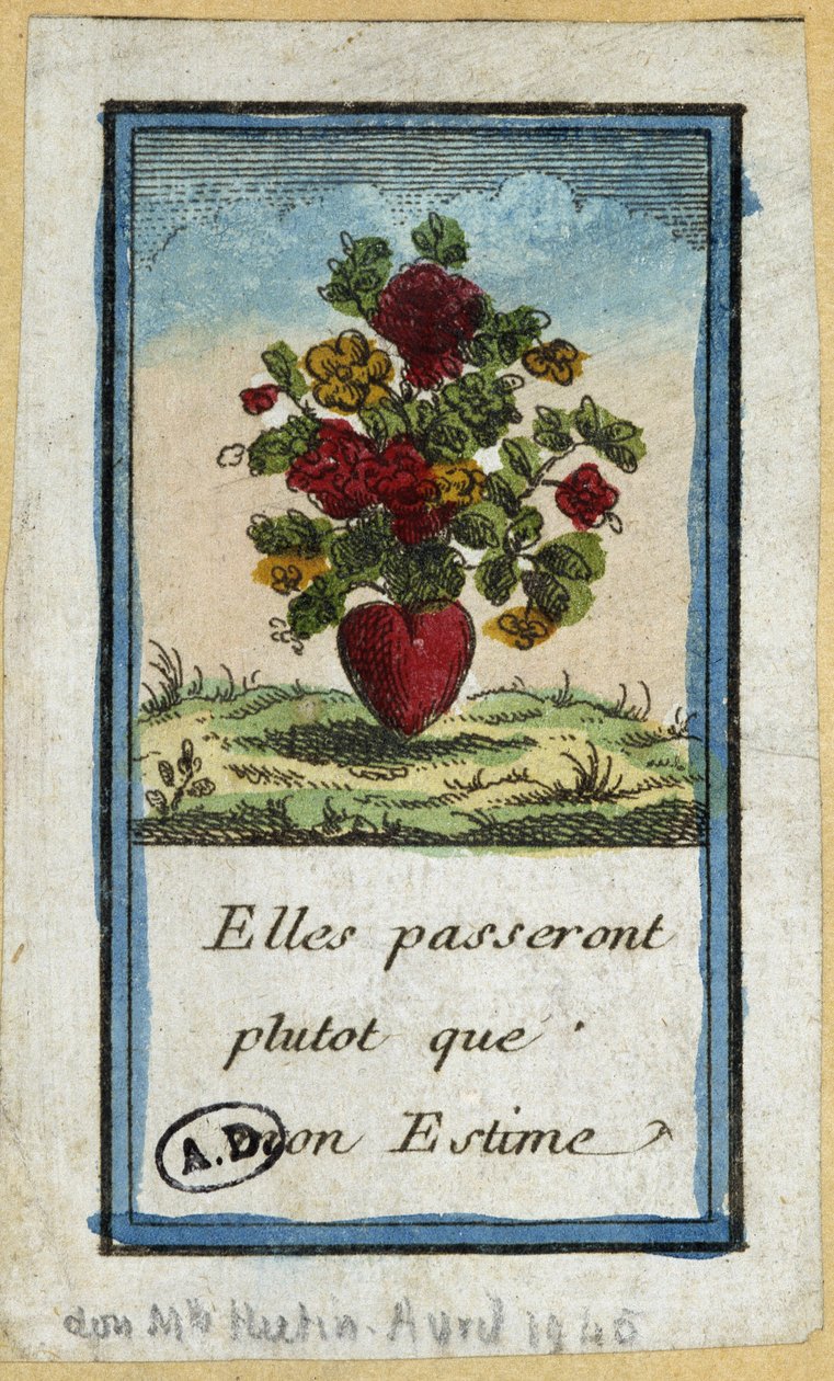Um ramo de flores num coração: "Elas passarão em vez da minha estima" - gravura de French School