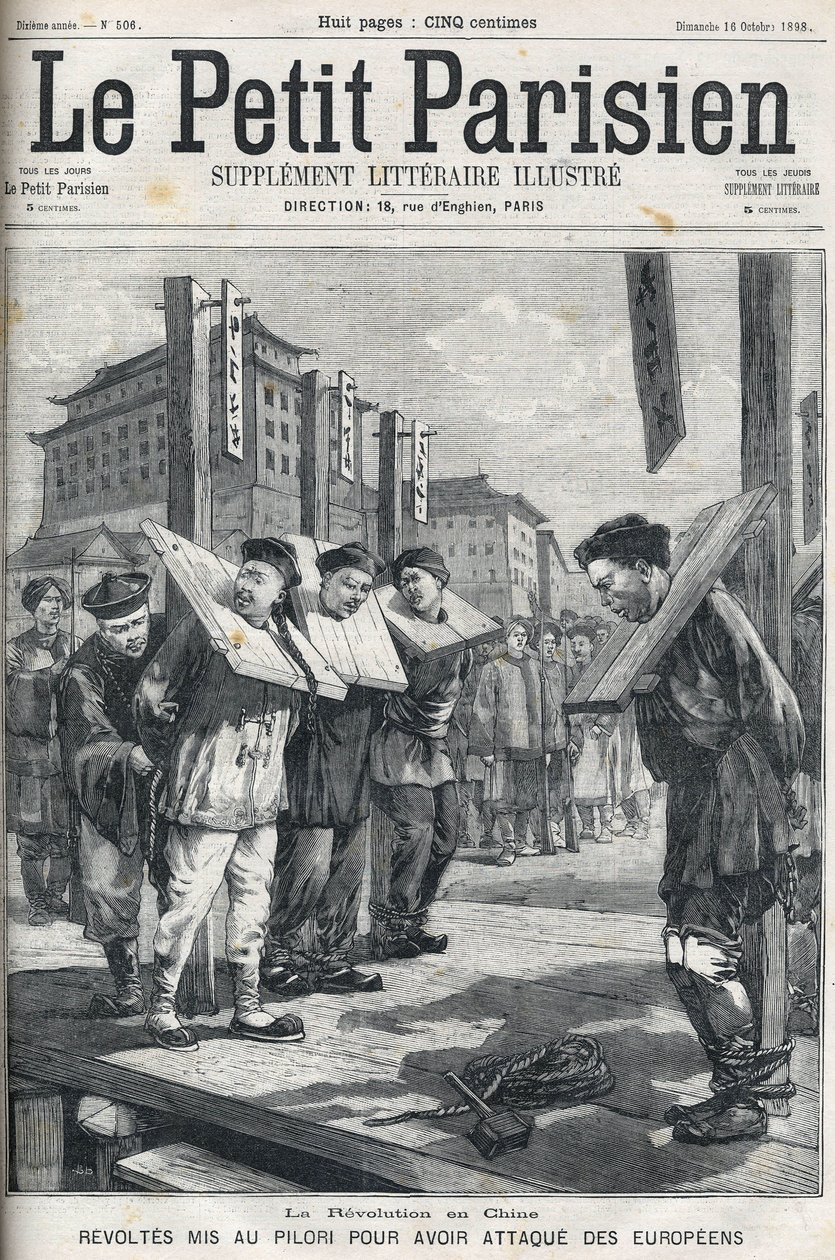 Revolta dos Boxers na China, em 1898: Revoltas postas em pelourinho por atacarem os europeus. Capa de "Le petit parisien" a partir de 1898. de French School