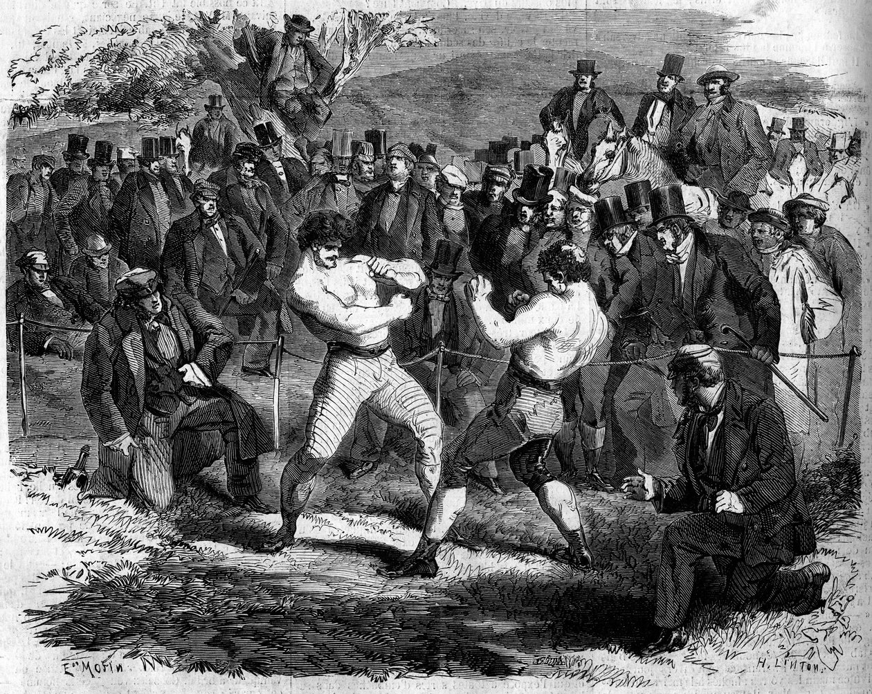 Luta de boxe entre o inglês Thomas Sayers (1826-1865) e o americano John Carmel Heenan (1833-1873) em Aldershot, Inglaterra, 17 de abril de French School