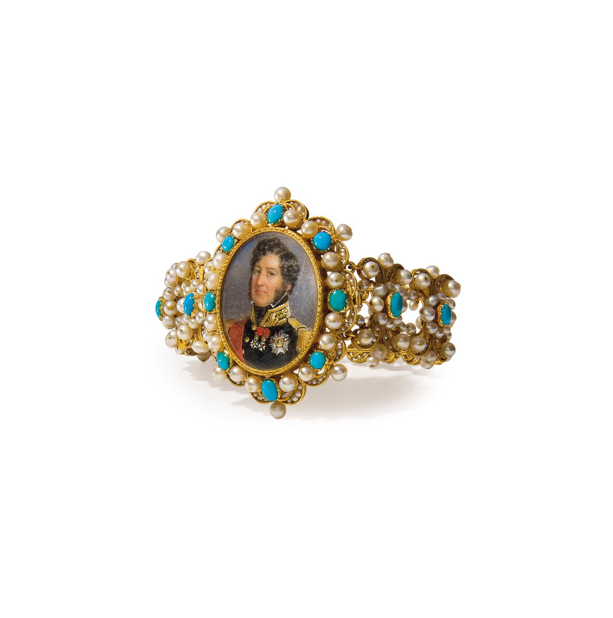 Pulseira contendo uma miniatura de Luís Filipe I, Rei dos Franceses (ouro, pérolas, turquesa e aquarela sobre marfim) (ver também 356598) de French School