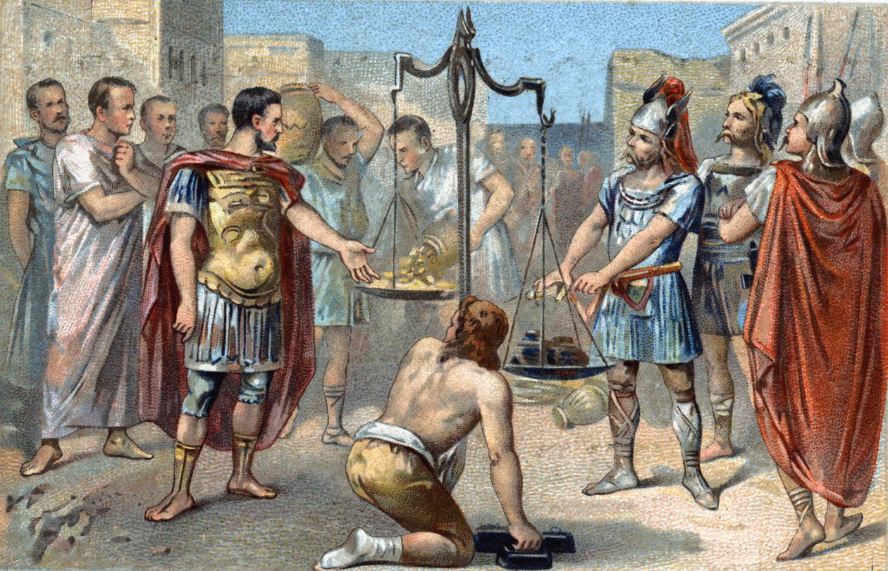 O líder Brennus da tribo Gálica dos Sénons pronuncia o fatídico Vae victis (Ai dos derrotados!) lançando a sua pesada espada no planalto da balança, o que contrapunha o tributo dourado que exigia dos Romanos para levantar o cerco ao Ca de French School
