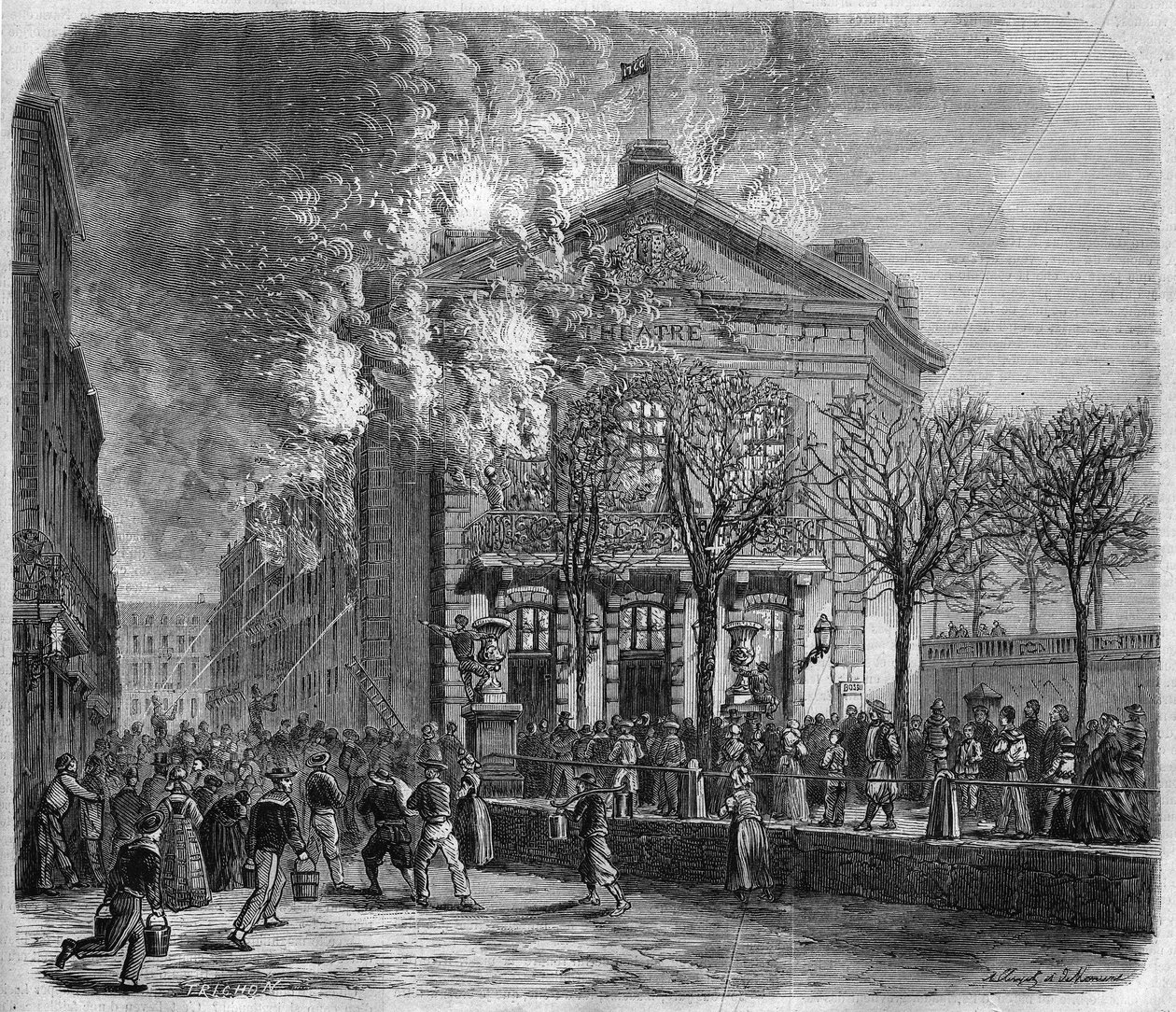 Brest, incêndio do teatro em 11 de março de 1866, construído em 1766 por Choquart de Lindu, gravado após um desenho de Clerget e Moraine e após uma fotografia dos irmãos Mage, em "O Universo Ilustrado", 24/03/1866. de French School