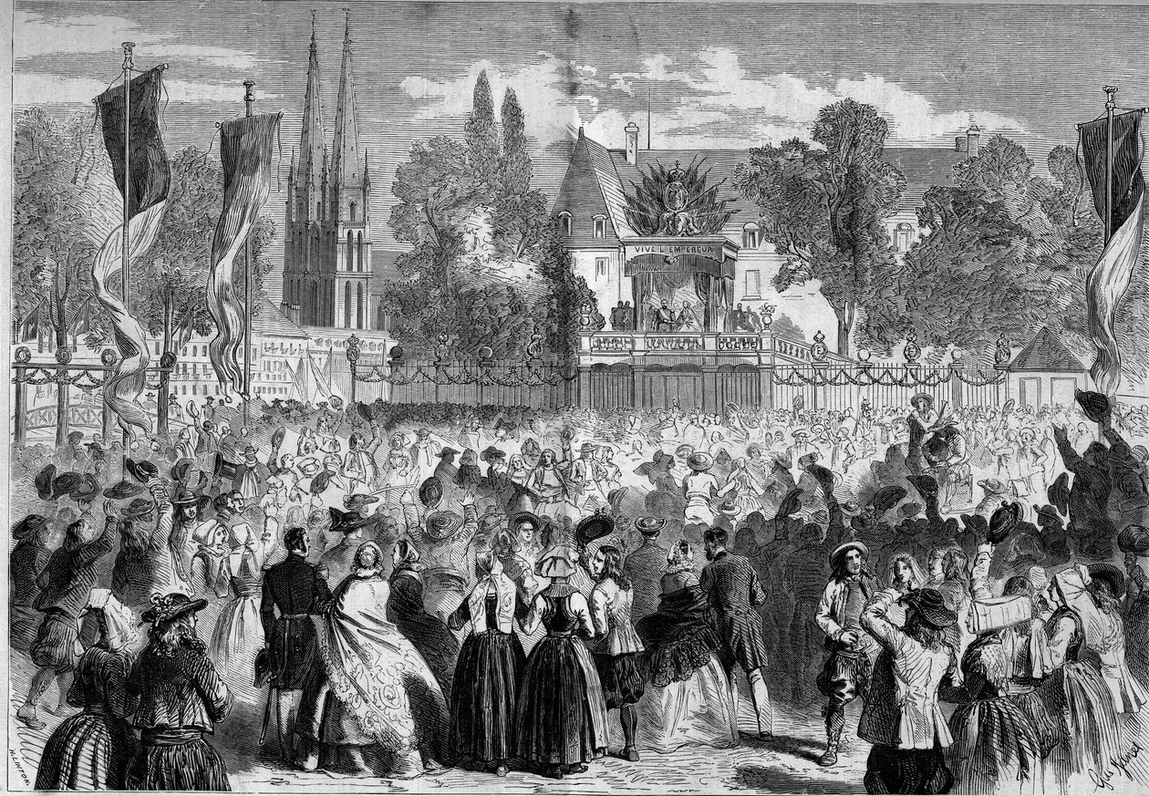 Bola Bretã no campo de batalha em Quimper (Finistere, 29) na presença de Napoleão III (1808-1873) e da Impressora Eugenie (1826-1920). Gravura em "Le Monde Illustré" n°72 de 28 de agosto de French School