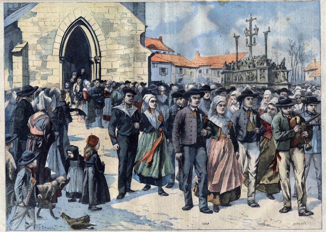 Costume bretão: O casamento tradicional em Plougastel (Finistere, Bretanha). Os casamentos deixam a Igreja. Gravura em "Le Petro Parisien" (Le Petro Parisien) de French School