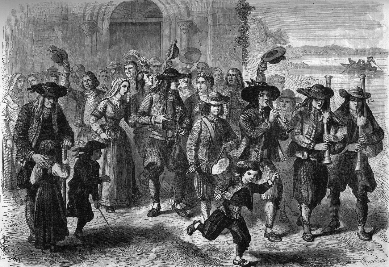 Costume bretão: casal de jovens casamentos na saída da igreja. No topo do cortejo estão os tocadores de biniou e tambor. Treguennec, Finistere (29) de French School