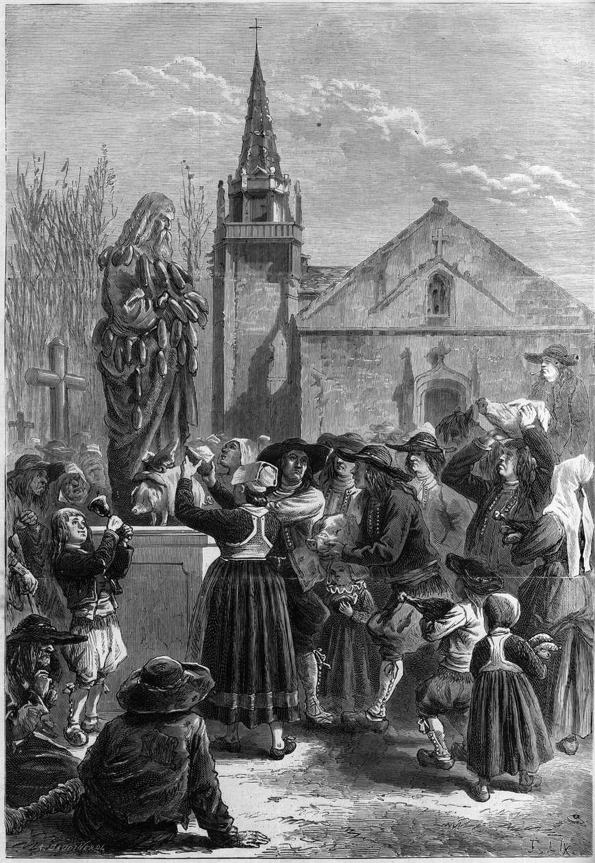 Costume bretão: "festar goadgennon" ou "a fete des boudins". Os habitantes de uma aldeia cobrem com meias uma estátua de Santo Antônio o Grande (ou Santo Antônio o Eremita ou Santo Antônio a Abadia). Alguns agricultores trazem a cabeça de um porco. Gravura de French School