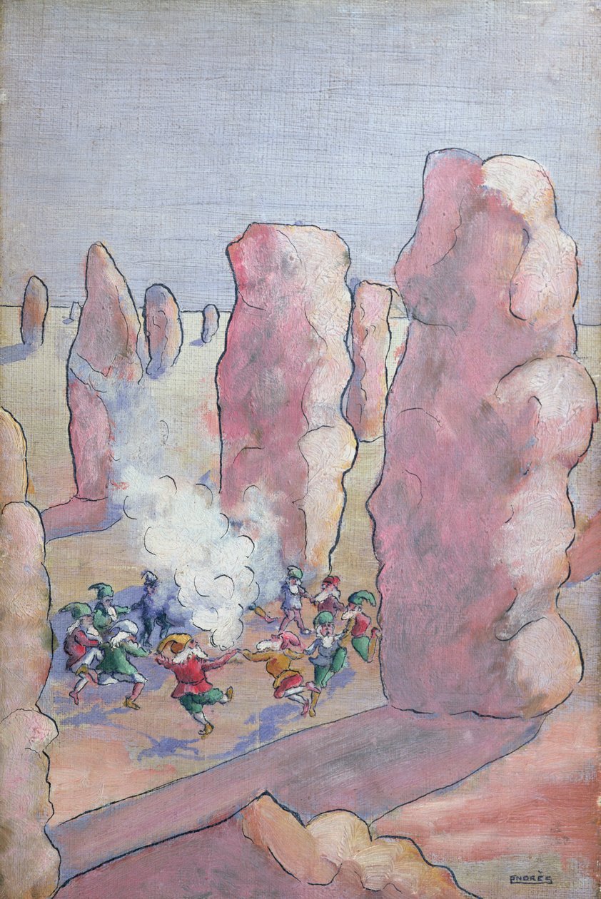 Gnomos bretões dançando em torno de um círculo de pedra, final do século XIX de French School