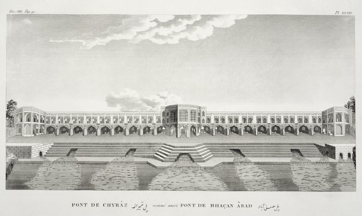 Ponte de Shiraz, Isfahan, de Travels of Chevelier Chardin na Pérsia e em Other Places of East, de Jean Chardin (1643-1713), publicado em 1811 de French School