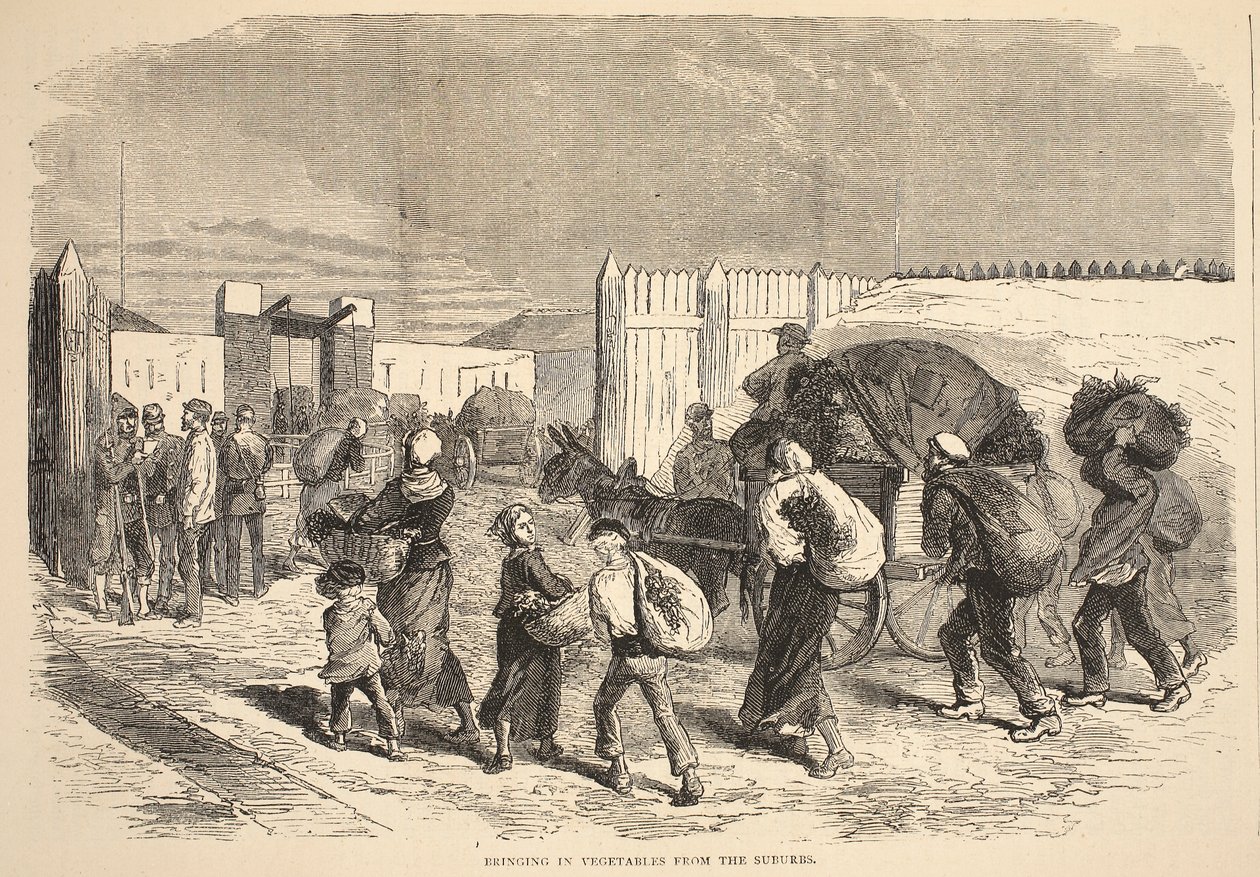 Trazendo vegetais dos subúrbios, ilustração da História de Cassells da Guerra entre a França e a Alemanha, 1870-1871 de French School
