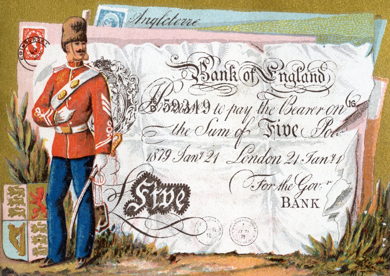 Soldado do exército britânico, guardando um banco da Inglaterra nota de cinco libras, 1886-95 de French School