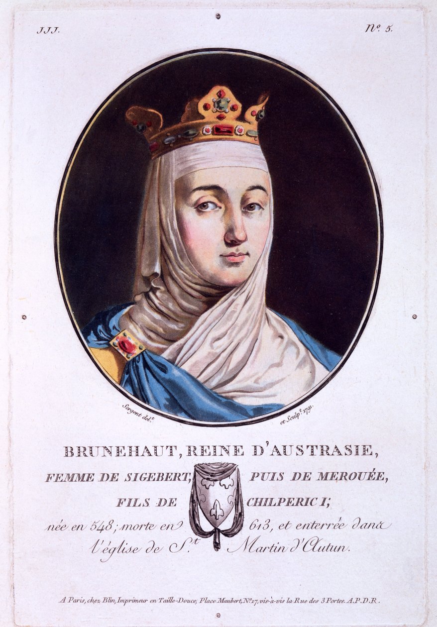 Brunilda, Rainha da Austrásia, de Retratos dos Grandes Homens, Mulheres Ilustres e Tópicos Memoráveis da França, publicado em 1787-92. de French School