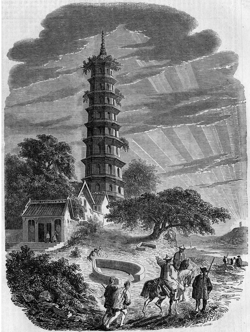 Arquitectura budista: vista exterior do Pagode Octogonal na Ilha de Whampoa, China de French School