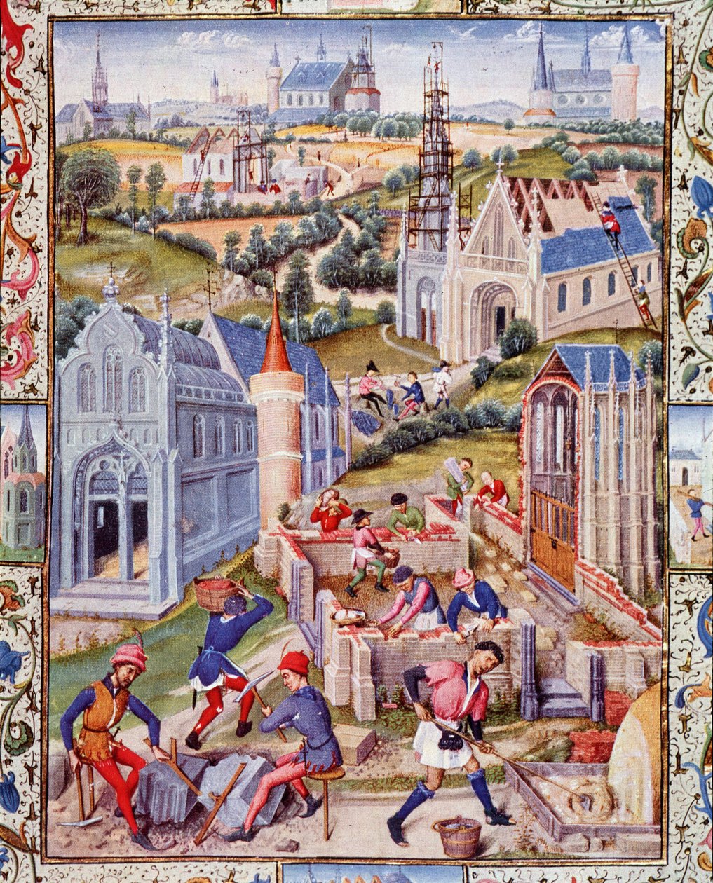Canteiros de obras em Saint Denis (Cidade) para a construção de 12 igrejas em honra dos 12 apotres. Miniatura extraída da "Vida do Três Nobre Conde Gerard de Roussillon" de French School