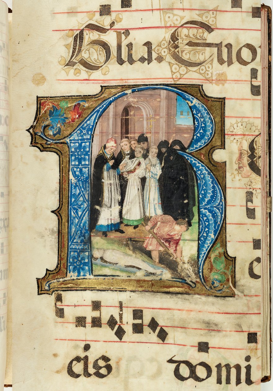 Cena do enterro, Gradual, f.86 (tinta, têmpera e folha de ouro em pergaminho) de French School