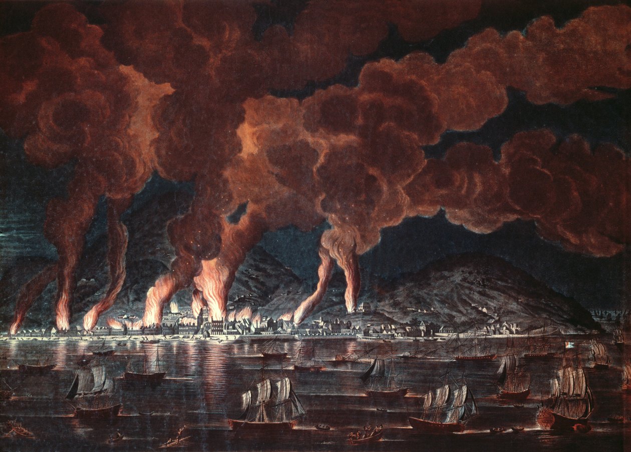 Queima da cidade de Cap-Francais, Saint-Domingue (Haiti), 1795 (gravura a cores) de French School