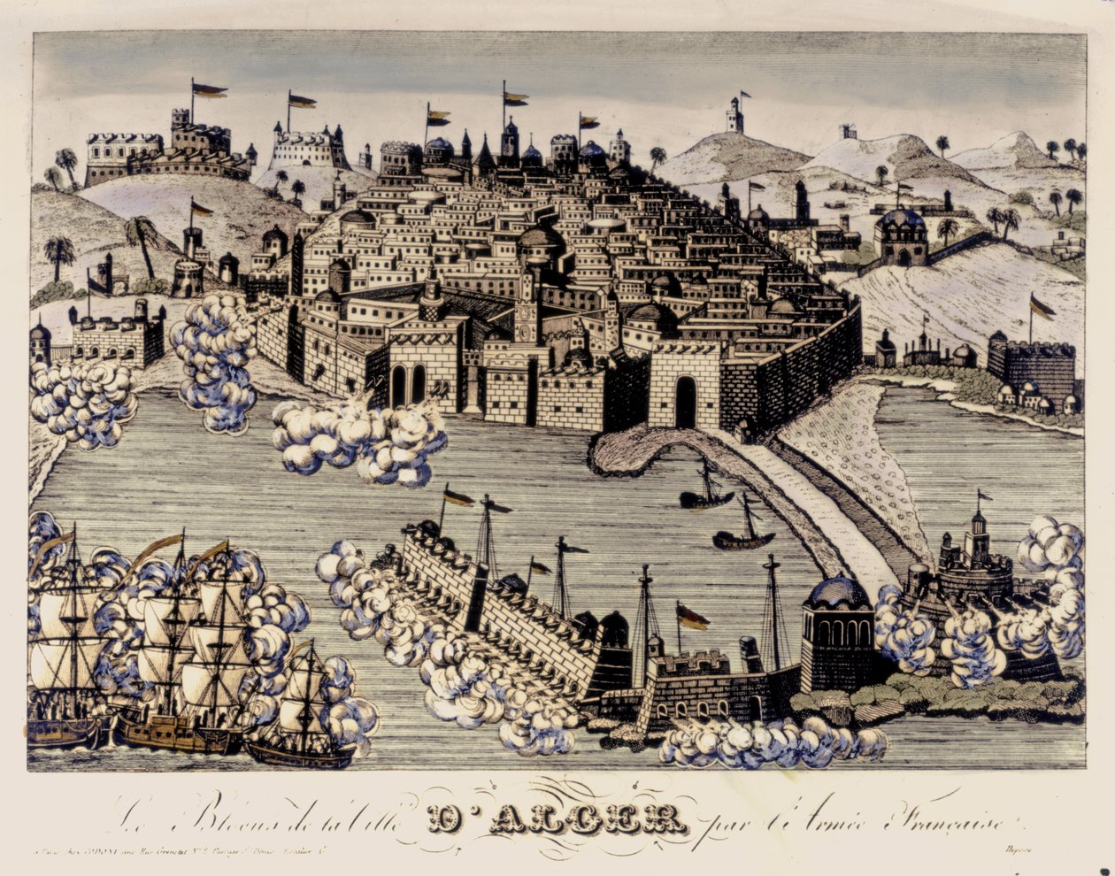 COLONIALISMO: O bloqueio da cidade de Argel pelo exército francês. 1830 (gravura a cores) de French School