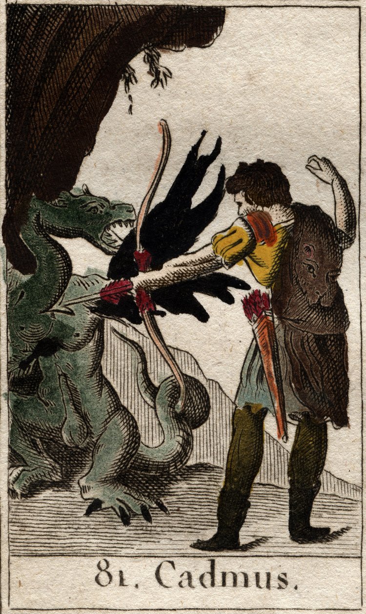 Cadmos (Kadmos ou Cadmus) matando o dragão (Cadmus lutando contra o dragão). De "Mythology of Youth" de Pierre Blanchard 1803. de French School